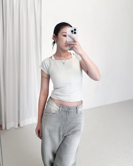 方圓領Crop Tee- 淺灰色