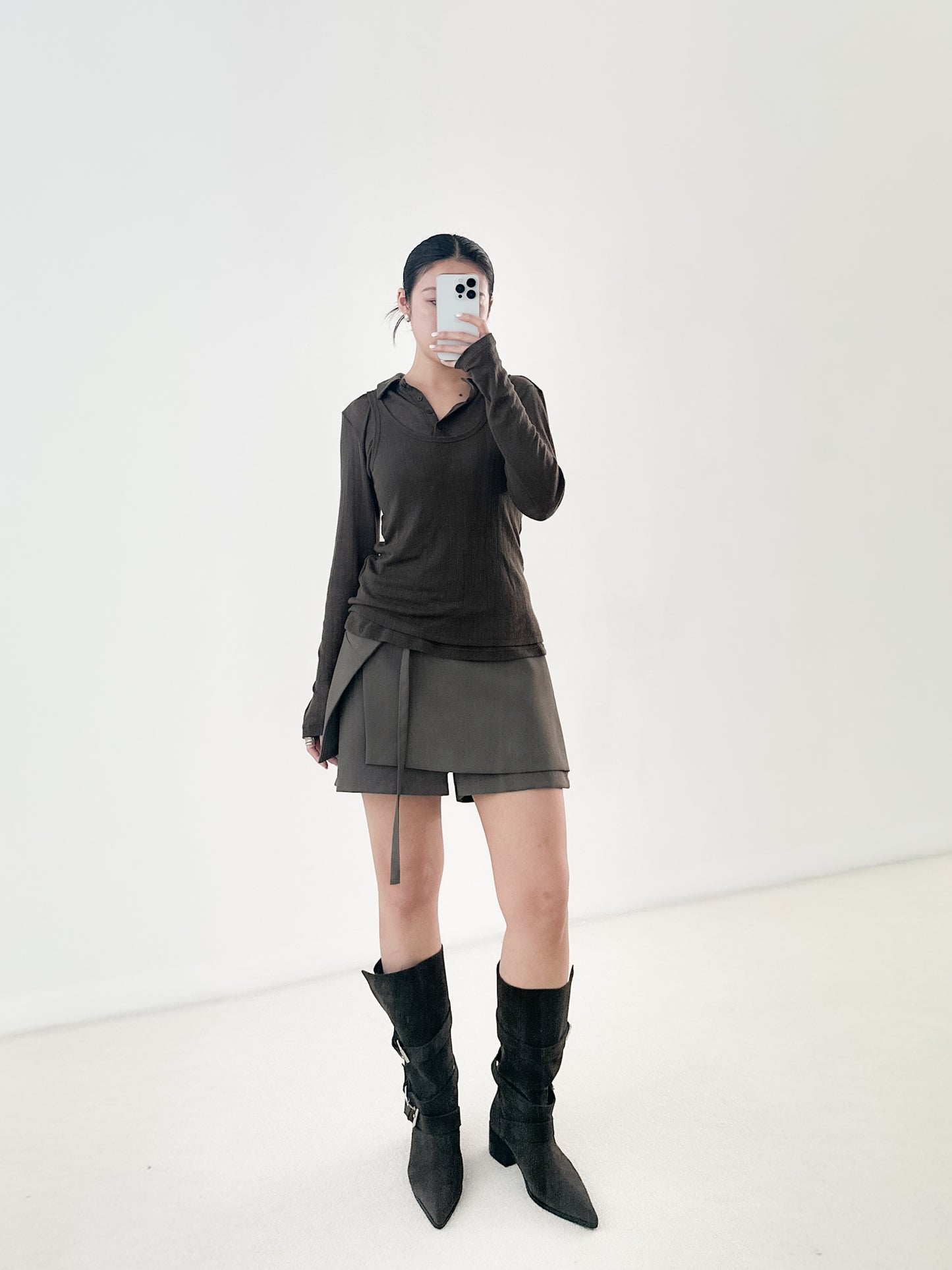 腰帶挺料西裝裙褲