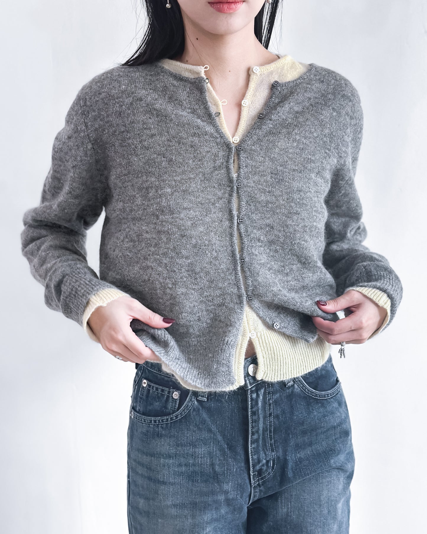 海馬毛混紡圓領薄外套 淺黃色