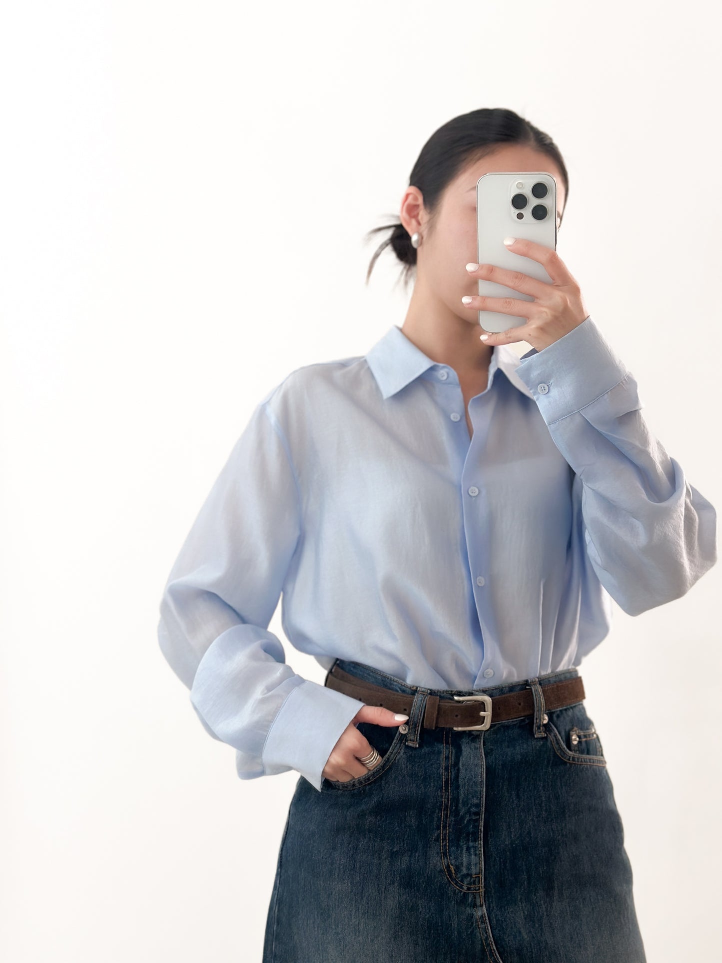 光澤感透薄恤衫 藍色