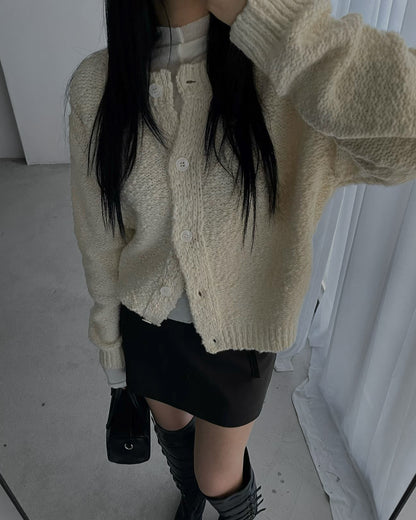 羊毛混紡圓領開胸外套 米白色