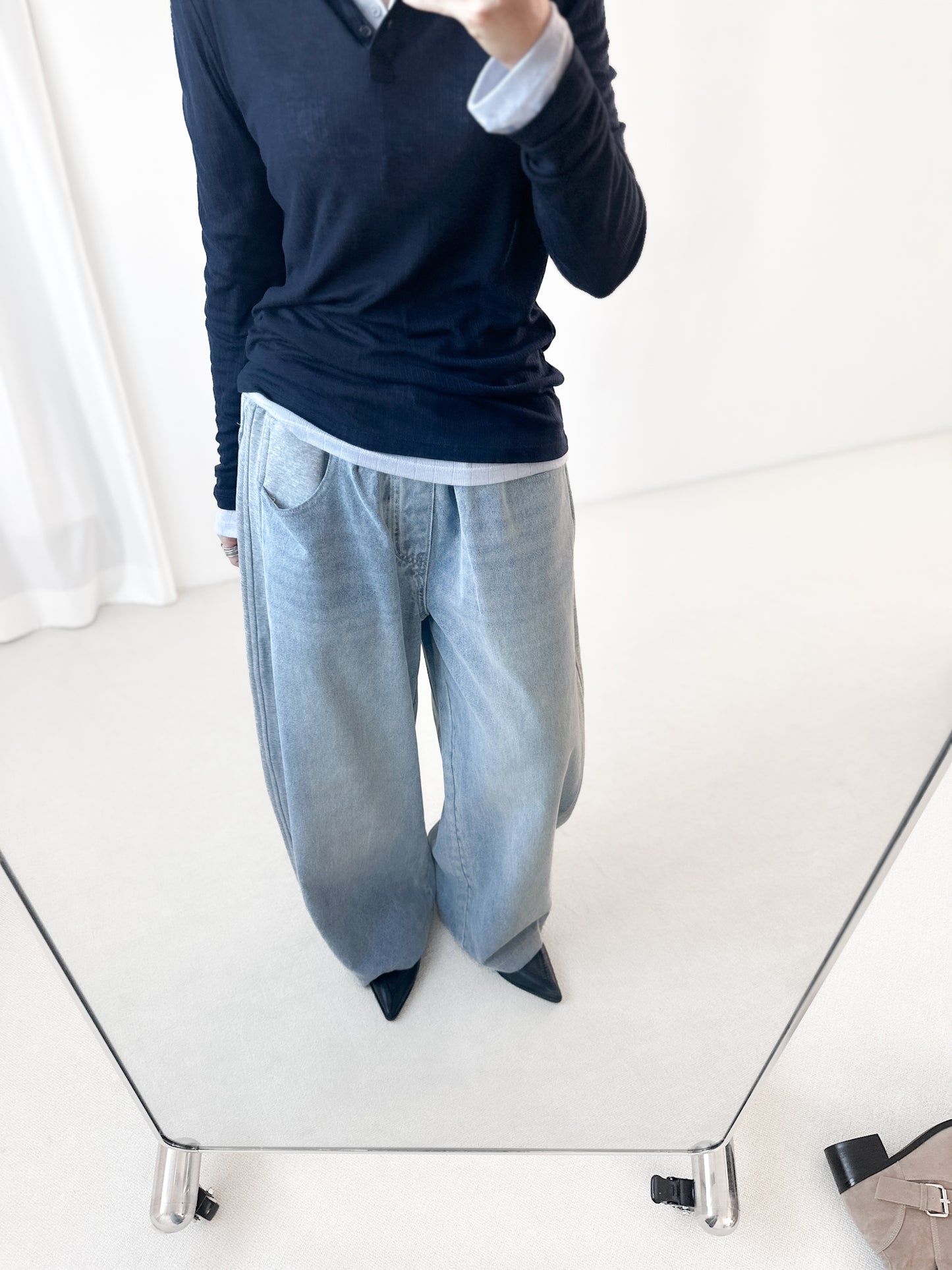 純棉拼布弧形牛仔褲