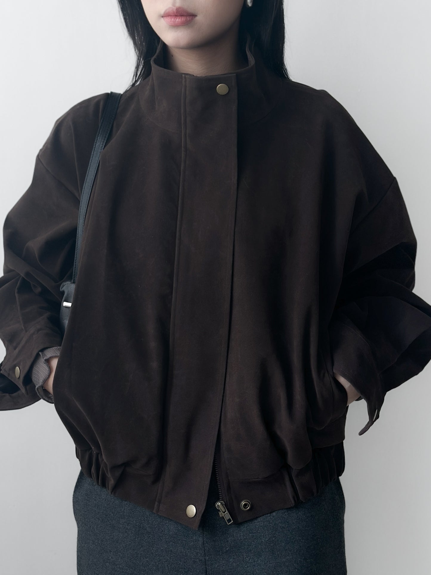 立體感企領麂皮外套 朱古力色