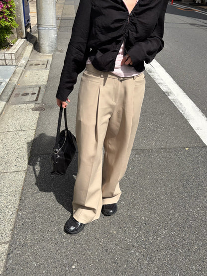 配腰帶打褶長褲 - 杏色