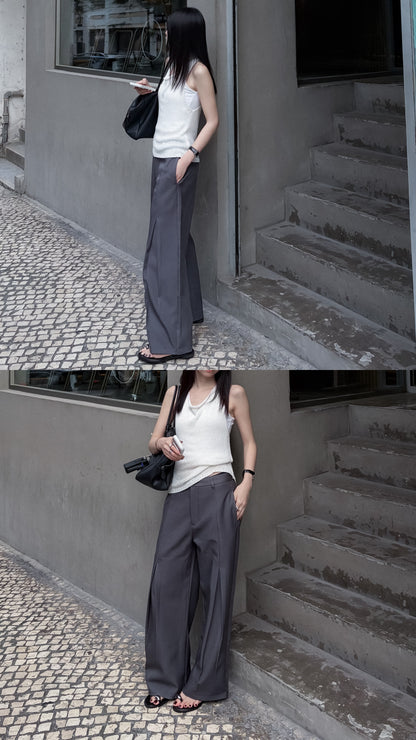 Unisex 前開衩直腿西褲 - 黑色